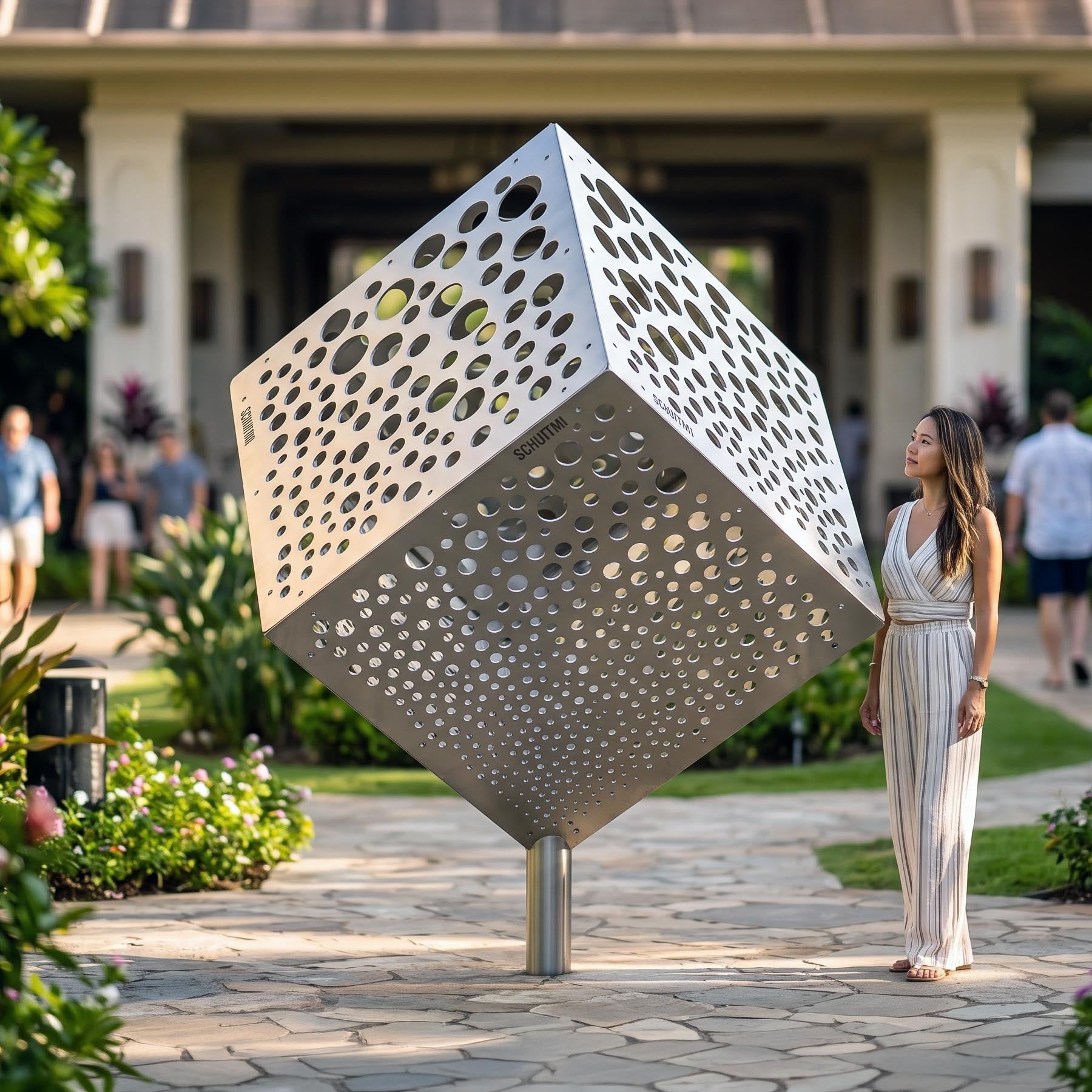 A large mirror-polished stainless steel monumental sculpture in an outdoor garden courtyard, shown at human scale.