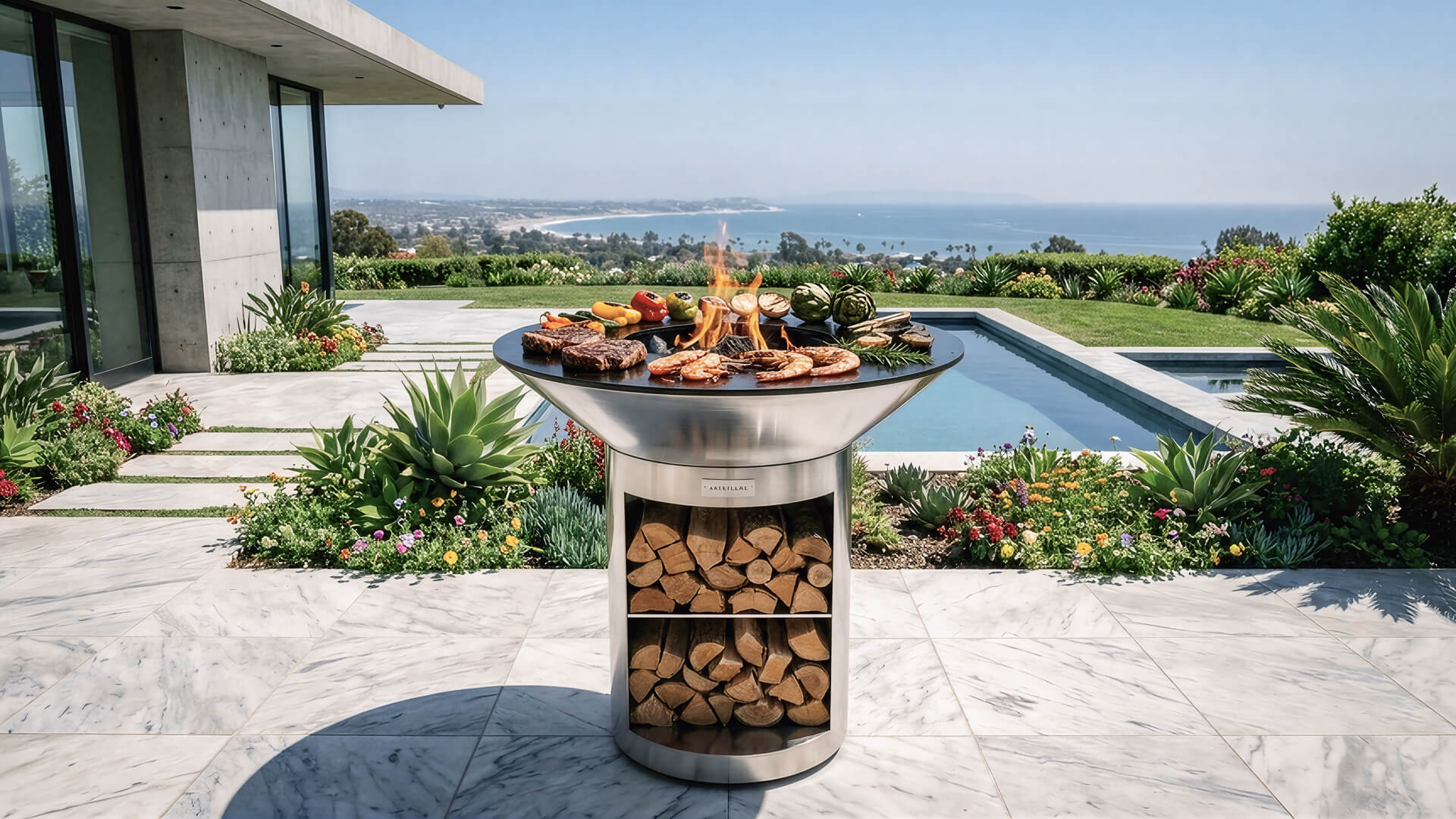 The Arteflame outdoor grill, a circular Corten steel cooktop centerpiece for backyard entertaining.