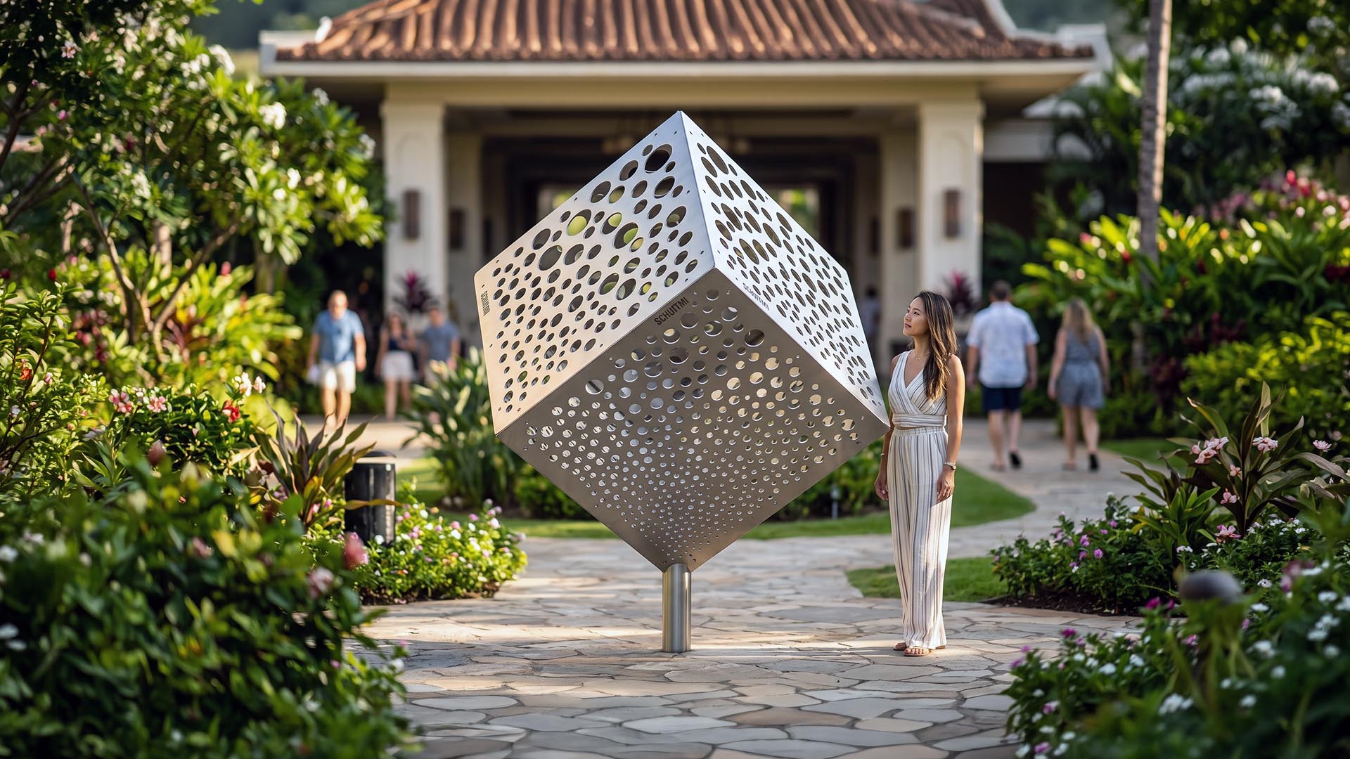 A woman in a white sleeveless dress stands beside a large perforated metal geometric sculpture in an outdoor garden courtyard.