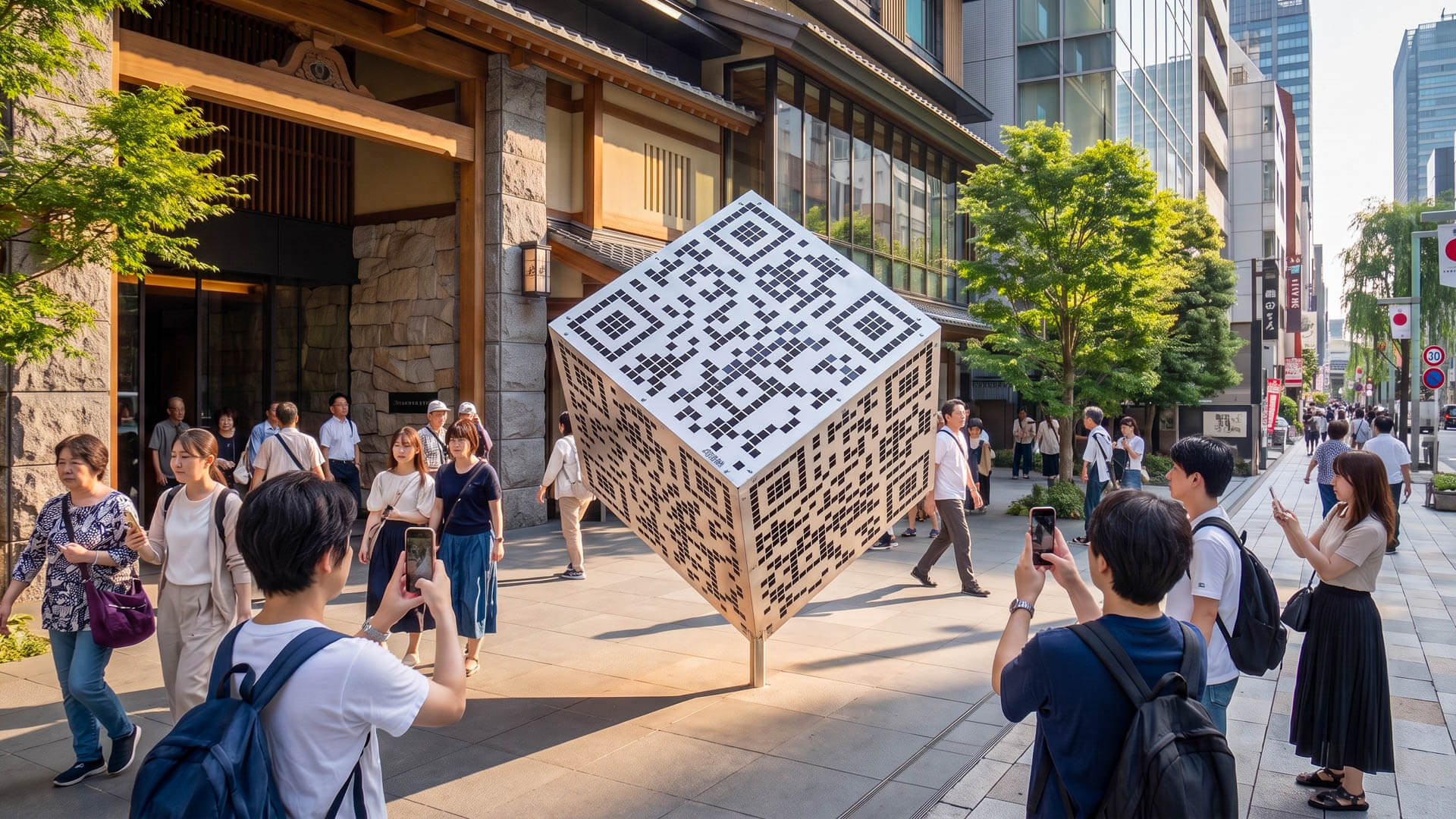 QRube QR-code cube sculpture on a busy city sidewalk, with passers-by photographing and scanning it with their phones