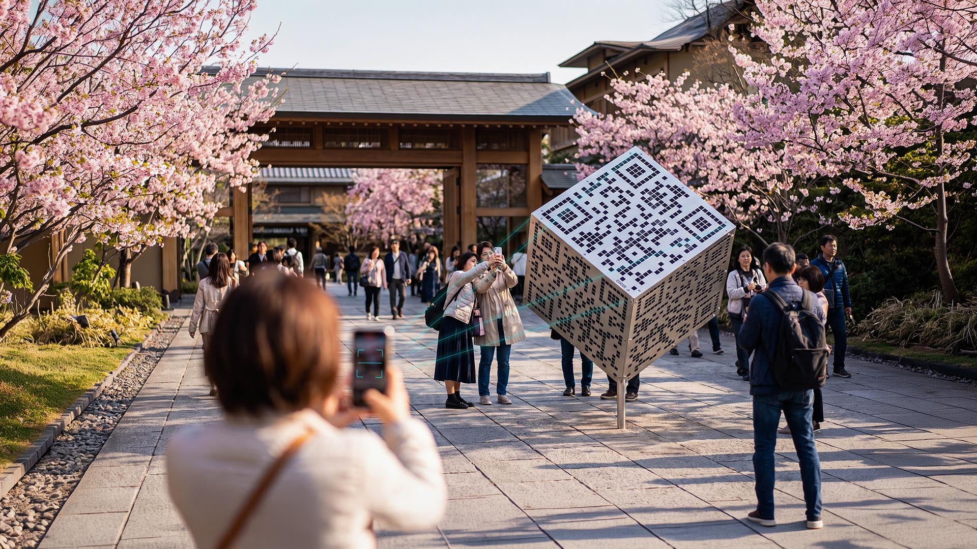 Visitor scanning the QRube QR-code cube sculpture with a smartphone in a cherry-blossom temple courtyard
